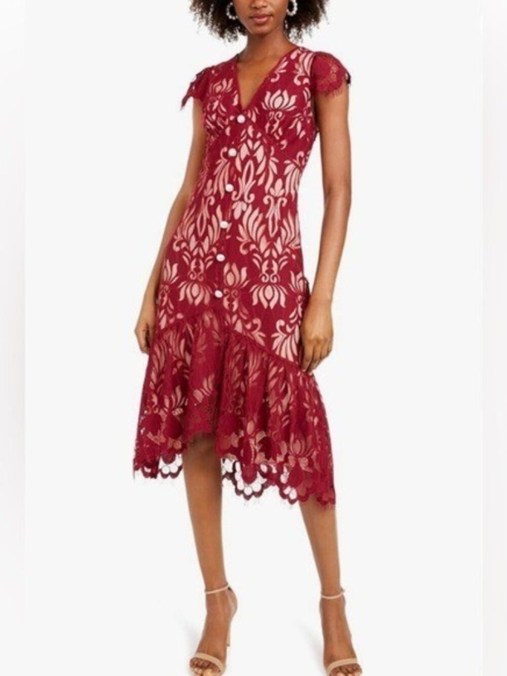 Anthropologie Foxiedox Lace Midi Dress – Burgundy V-Neck, Size Small